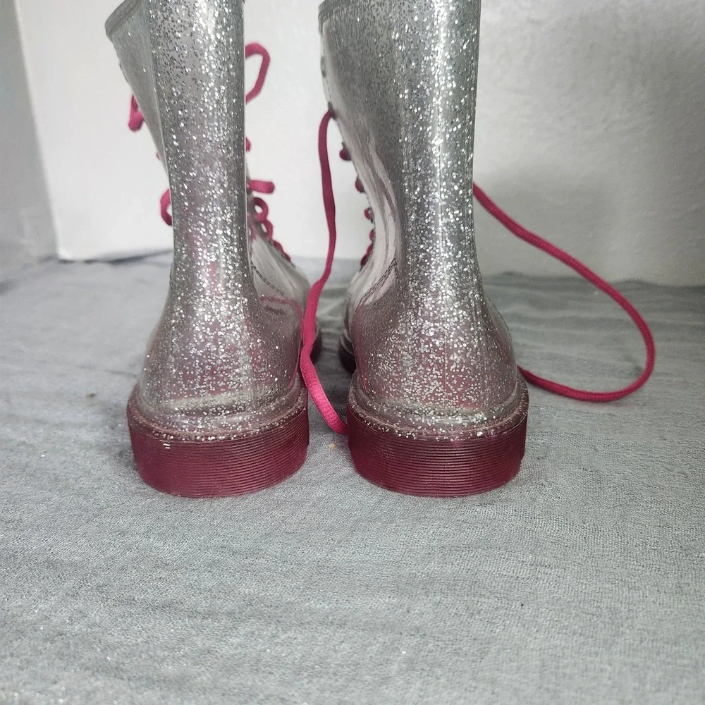 Silver Glitter Jelly Combat Rain Boots Pink Laces Lug Sole Size 5-6